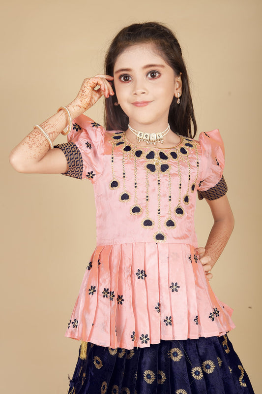 Girl's south Indian traditional Baby Pink pattu Pavadai Tapeta Silk With Embroidery work Lehenga choli for Kids dress