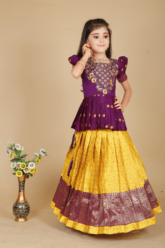 New south Indian traditional Purple pattu pavadai Tapeta Silk With Embroidery work Lehenga choli for girls dress