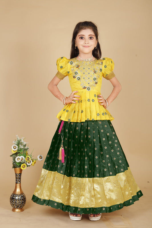 New south Indian traditional Yellow pattu pavadai Tapeta Silk With Embroidery work Lehenga choli for girls dress