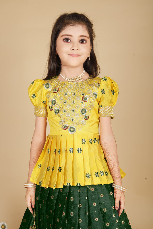 New south Indian traditional Yellow pattu pavadai Tapeta Silk With Embroidery work Lehenga choli for girls dress