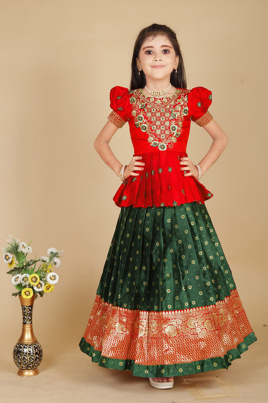 New south Indian traditional Red pattu pavadai Tapeta Silk With Embroidery work Lehenga choli for girls dress