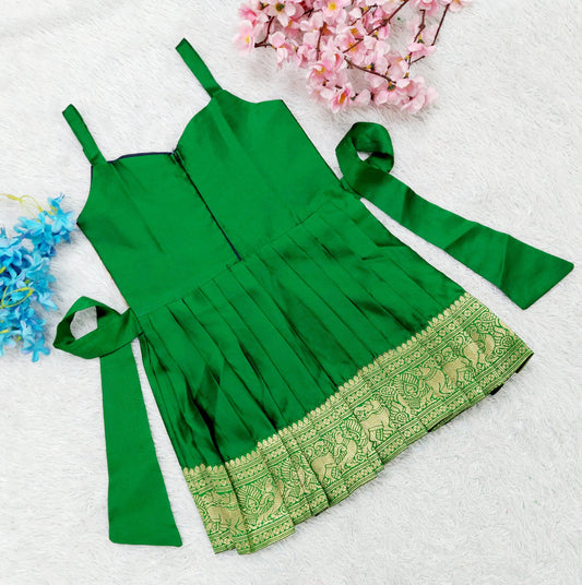 South Indian Traditional Pattu Pavadai Tapeta Silk Green Frock Dress For Baby Girls