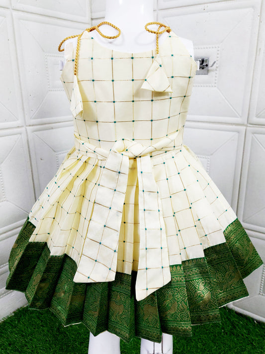 Baby Girls Pattu Pavadai Green & White Frock Dress