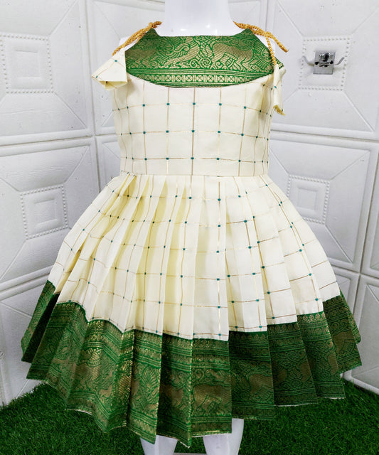 Baby Girls Pattu Pavadai Green & White Frock Dress