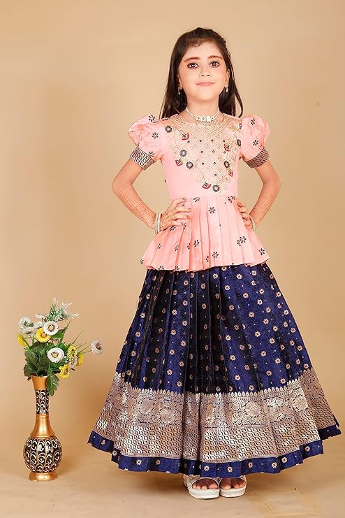 Girls New south Indian traditional Baby Pink pattu pavadai Tapeta Silk With Embroidery work Lehenga choli for girls dress