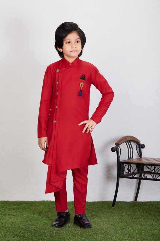 Boy's Red Cotton Blend  Kurta Trouser Set