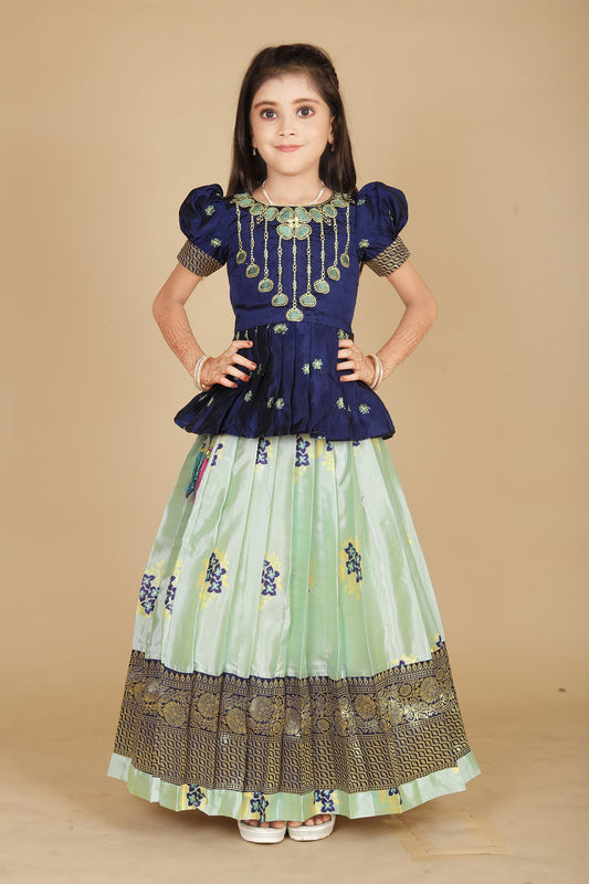 Kids south Indian traditional Blue Pattu Pavadai Tapeta Silk With Embroidery work Lehenga choli for girls dress