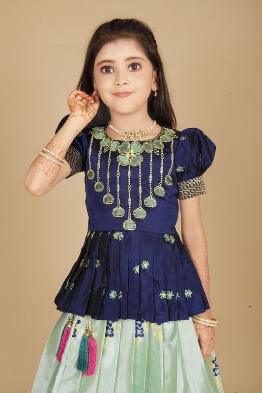 Kids south Indian traditional Blue Pattu Pavadai Tapeta Silk With Embroidery work Lehenga choli for girls dress