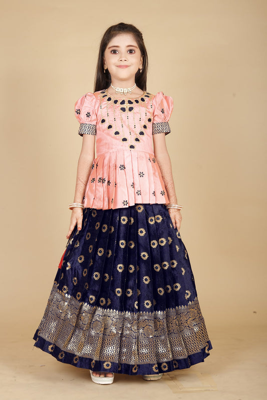 Girl's south Indian traditional Baby Pink pattu Pavadai Tapeta Silk With Embroidery work Lehenga choli for Kids dress