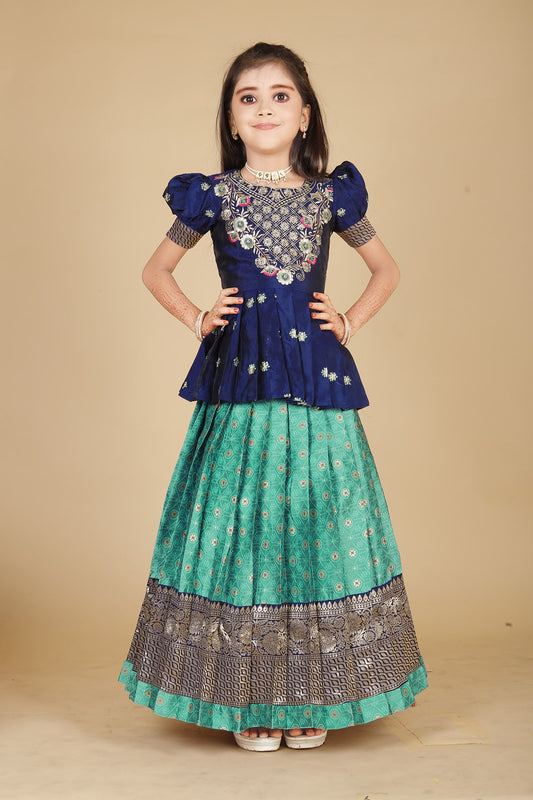 New south Indian traditional Blue pattu pavadai Tapeta Silk With Embroidery work Lehenga choli for girls dress