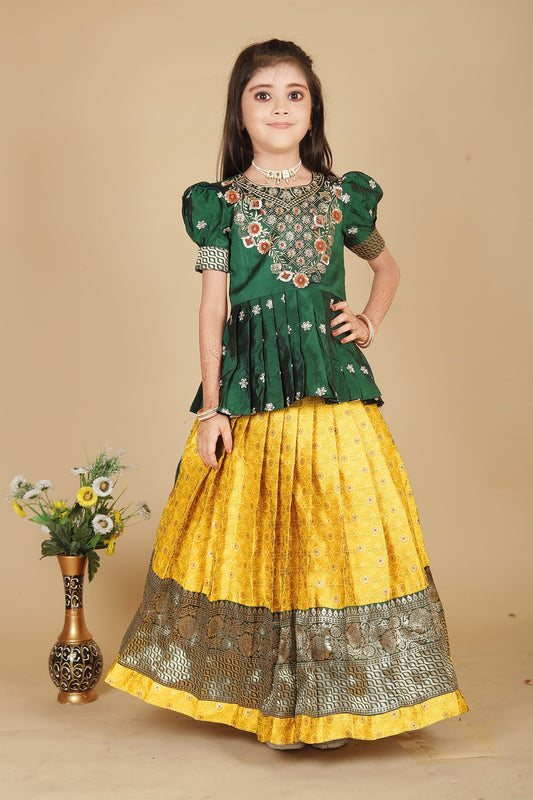 New south Indian traditional Green Pattu pavadai Tapeta Silk With Embroidery work Lehenga choli for girls dress