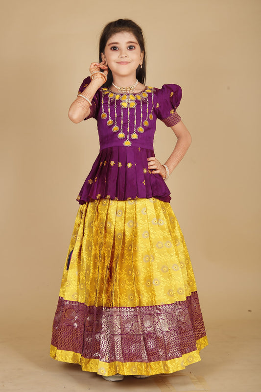 Kids south Indian traditional pattu Pavadai Tapeta Silk With Embroidery work Lehenga choli for girls dress