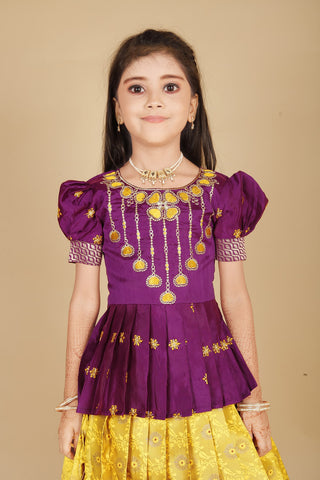 Kids south Indian traditional pattu Pavadai Tapeta Silk With Embroidery work Lehenga choli for girls dress