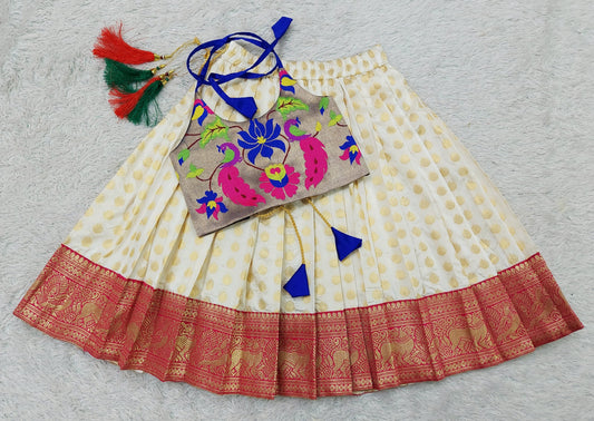 FELIZ COUTURE Baby Girl's Pattu Pavadai Royal Blue and Cream Lehenga Choli for Kids