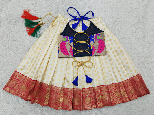 FELIZ COUTURE Baby Girl's Pattu Pavadai Royal Blue and Cream Lehenga Choli for Kids