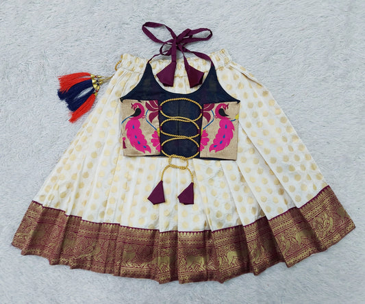 FELIZ COUTURE Baby Girl's Pattu Pavadai Bit and Cream Lehenga Choli for Kids