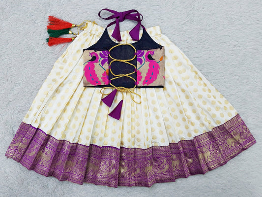 FELIZ COUTURE Baby Girl's Pattu Pavadai Ringani and Cream Lehenga Choli for Kids