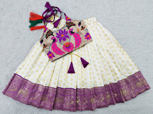 FELIZ COUTURE Baby Girl's Pattu Pavadai Ringani and Cream Lehenga Choli for Kids