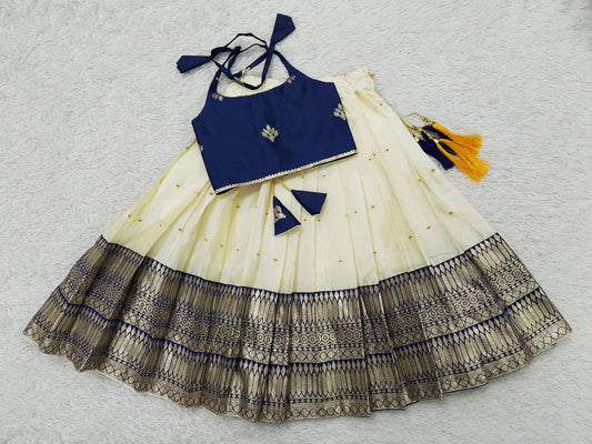 FELIZ COUTURE Baby Girl's Blue Pattu Pavadai Lehenga Choli for Kids