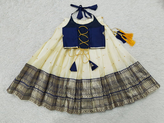 FELIZ COUTURE Baby Girl's Blue Pattu Pavadai Lehenga Choli for Kids