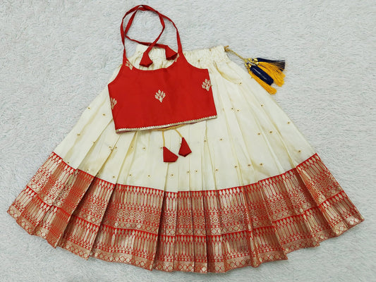 FELIZ COUTURE Baby Girl's Pattu Pavadai Red Lehenga Choli for Kids