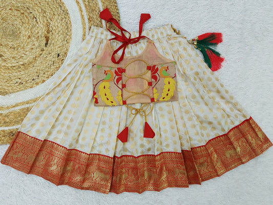 FELIZ COUTURE Baby Girl's Pattu Pavadai Red and Cream Lehenga Choli for Kids