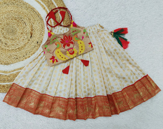 FELIZ COUTURE Baby Girl's Pattu Pavadai Red and Cream Lehenga Choli for Kids