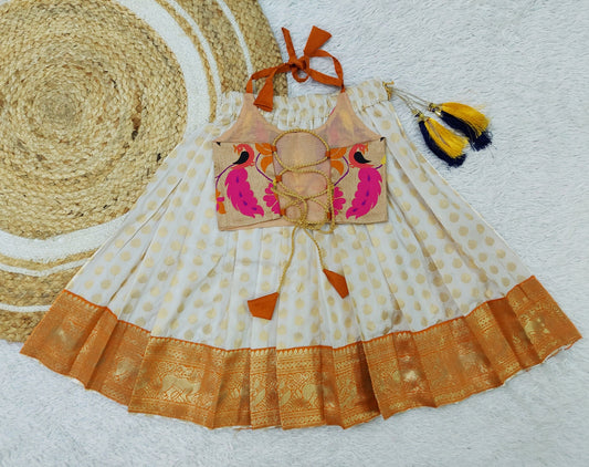 FELIZ COUTURE Baby Girl's Pattu Pavadai Orange and Cream Lehenga Choli for Kids