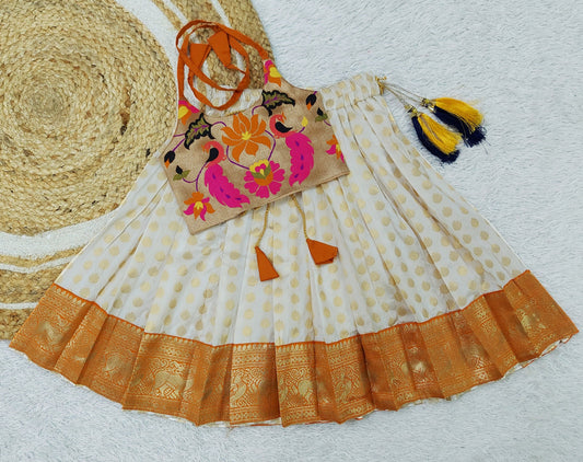 FELIZ COUTURE Baby Girl's Pattu Pavadai Orange and Cream Lehenga Choli for Kids
