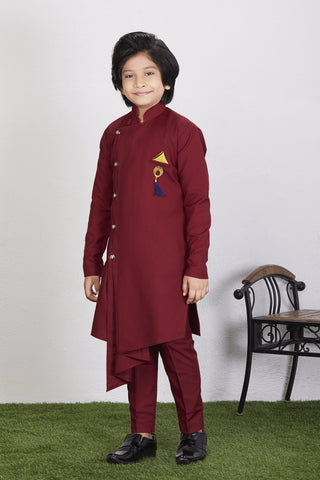 Boy's Maroon Cotton Blend  Kurta Trouser Set Kids