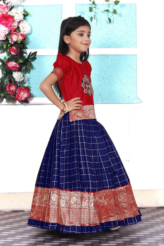 Kids Red south Indian traditional pattu Pavadai Jacquard Lehenga choli for girls dress