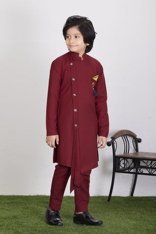 Boy's Maroon Cotton Blend  Kurta Trouser Set Kids