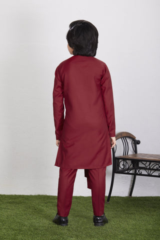 Boy's Maroon Cotton Blend  Kurta Trouser Set Kids