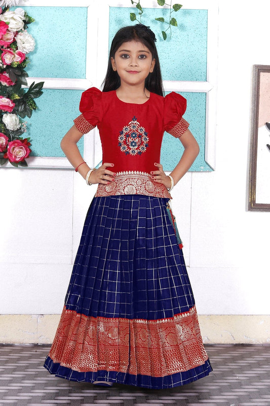 Kids Red south Indian traditional pattu Pavadai Jacquard Lehenga choli for girls dress