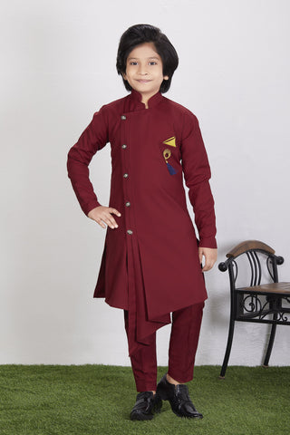 Boy's Maroon Cotton Blend  Kurta Trouser Set Kids