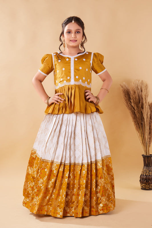 Kids Pattu Pavadai Yellow Lehenga choli for girls dress