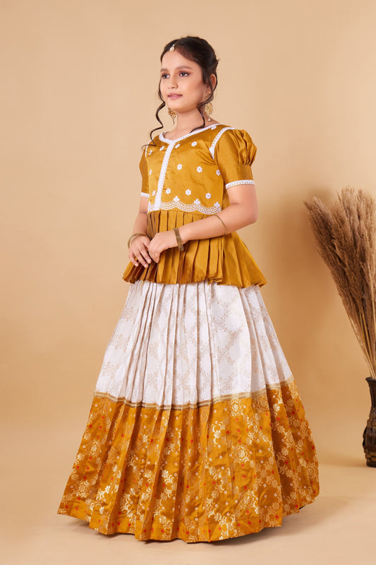 Kids Pattu Pavadai Yellow Lehenga choli for girls dress