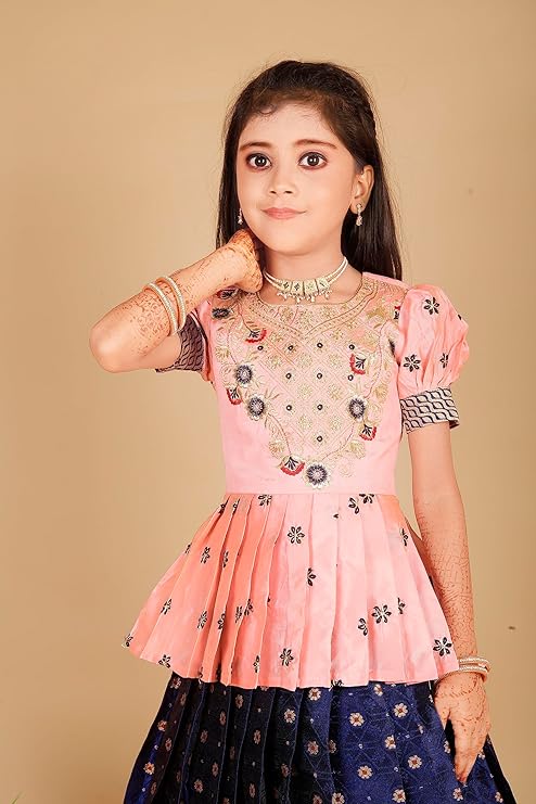 Girls New south Indian traditional Baby Pink pattu pavadai Tapeta Silk With Embroidery work Lehenga choli for girls dress