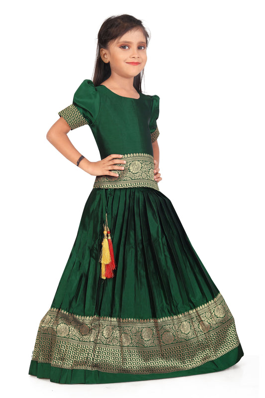 Girl's Pattu Pavadai Green Readymade Jacquard Lehenga Choli