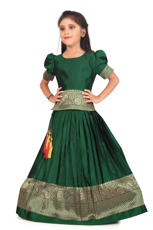Girl's Pattu Pavadai Green Readymade Jacquard Lehenga Choli