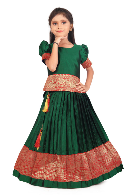 Girl's Pattu Pavadai Green Readymade Jacquard Lehenga Choli
