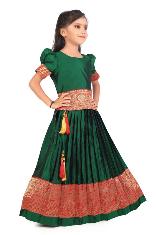 Girl's Pattu Pavadai Green Readymade Jacquard Lehenga Choli