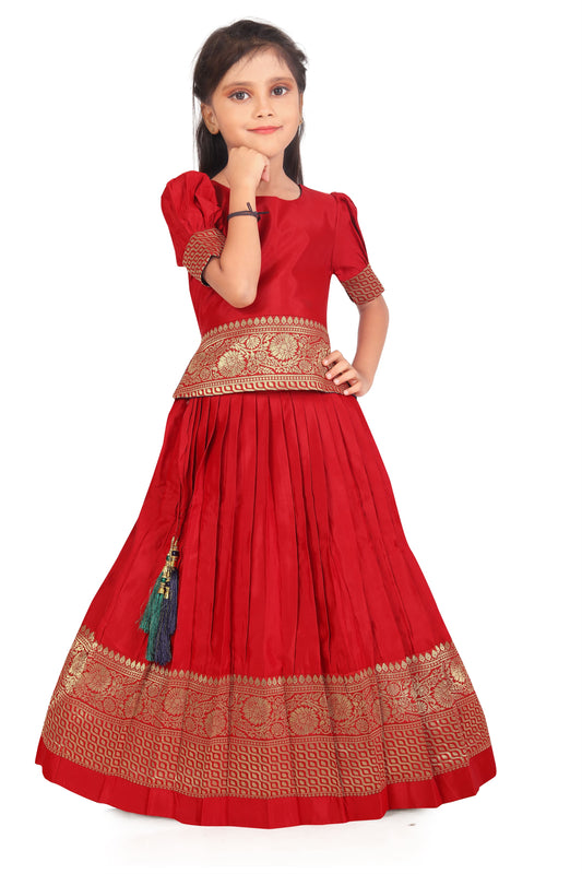 Girl's Pattu Pavadai Red Readymade Jacquard Lehenga Choli