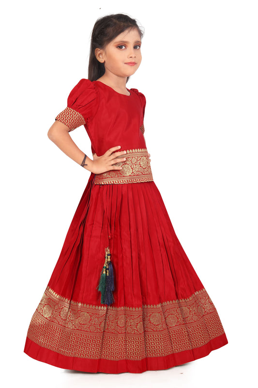 Girl's Pattu Pavadai Red Readymade Jacquard Lehenga Choli