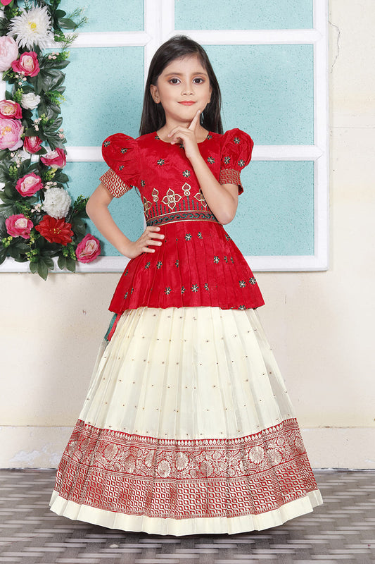 Girl's Red Pattu Pavadai Readymade Jacquard Lehenga Choli Kids