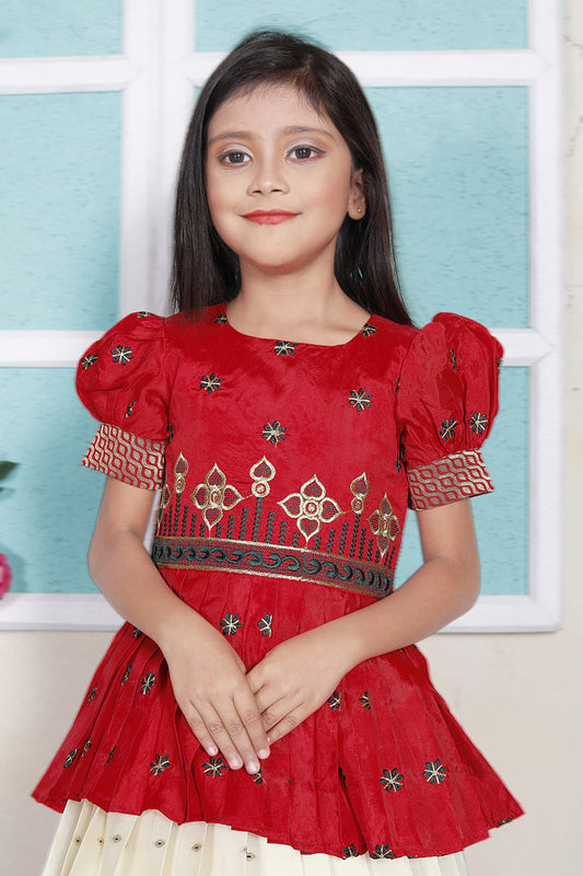 Girl's Red Pattu Pavadai Readymade Jacquard Lehenga Choli Kids