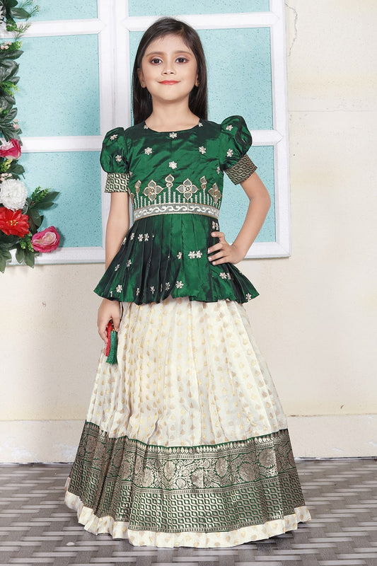 Girl's Green Pattu Pavadai Readymade Jacquard Lehenga Choli Kids