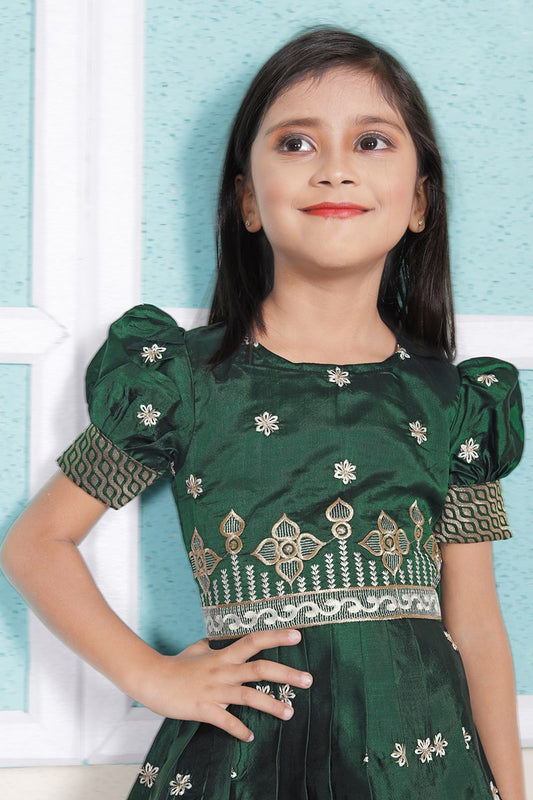 Girl's Green Pattu Pavadai Readymade Jacquard Lehenga Choli Kids