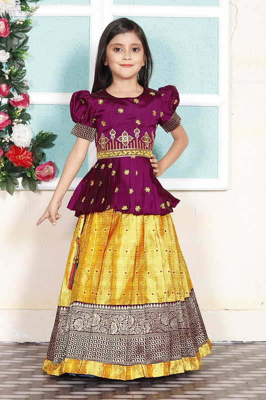 Girl's Pattu Pavadai Readymade Jacquard Purple Lehenga Choli Kids