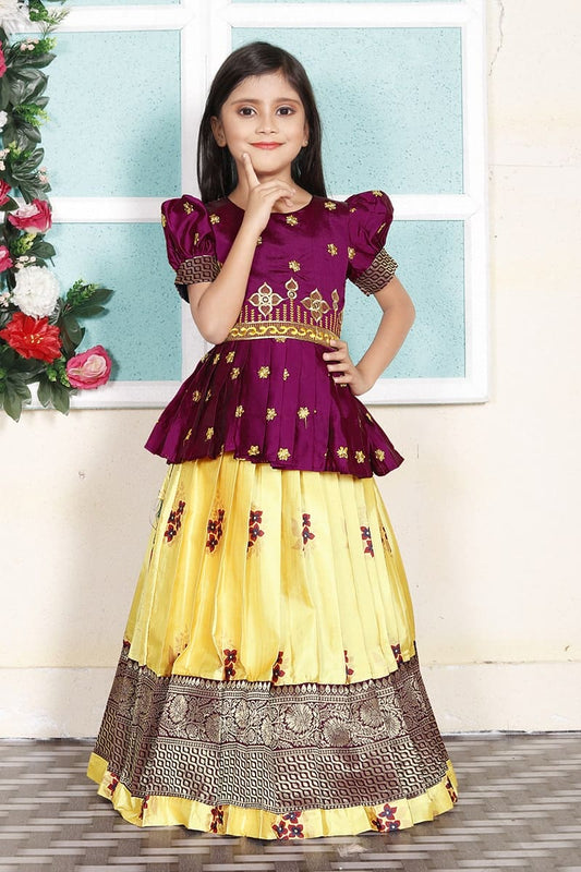 Girl's Purple Pattu Pavadai Readymade Jacquard Lehenga Choli Kids